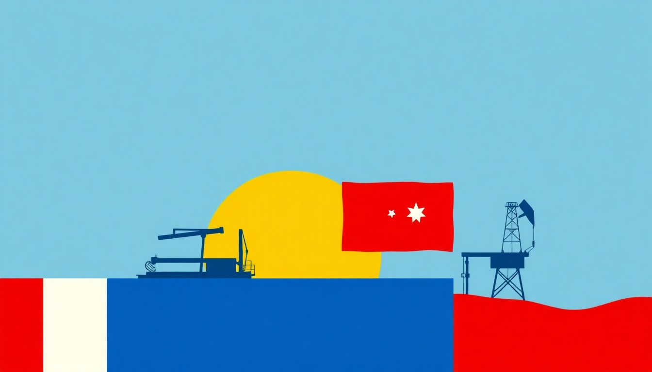 A minimalist abstract illustration using bold geometric shapes and primary colors to conceptually represent the disruption of global oil prices and energy markets due to geopolitical tensions and trade blockades.