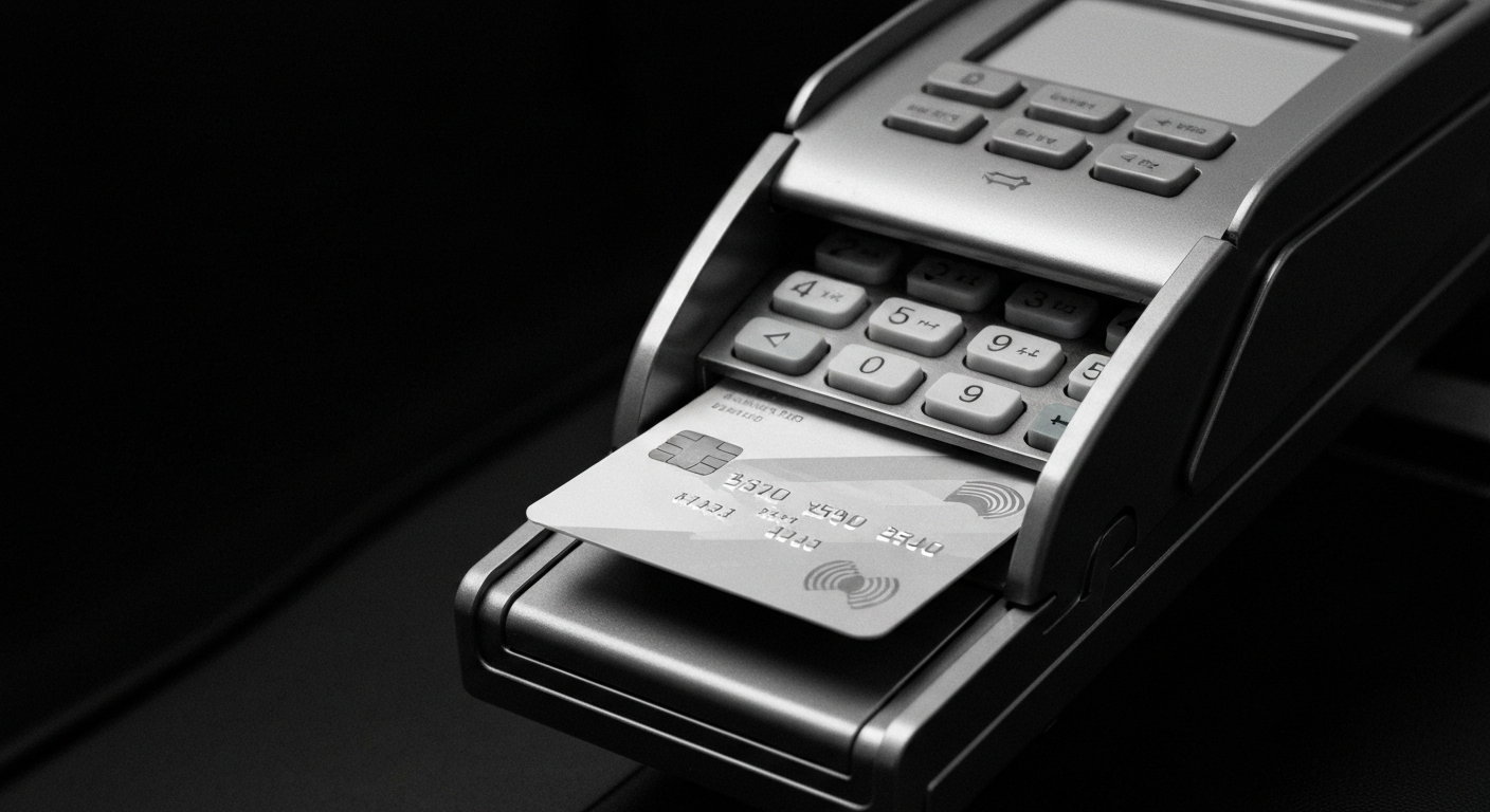 A high-contrast black and white close-up of a credit card being swiped through a payment terminal, representing the heavy, industrial nature of the banking system and the financial strain on the community.