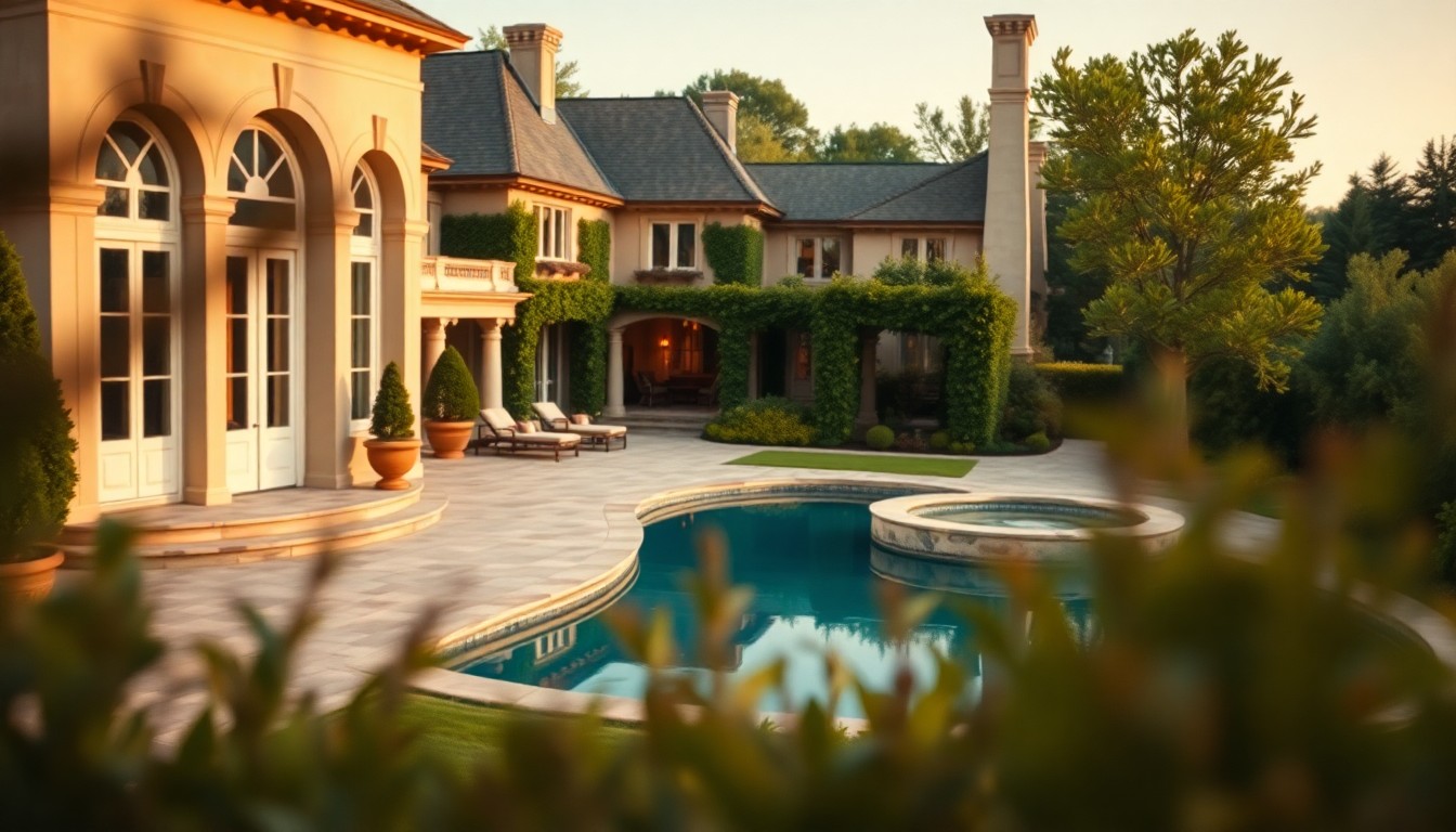 An extremely abstracted, out-of-focus photograph in soft pools of warm color and light, capturing the elegant exterior and lush landscaping of a French-inspired luxury home, with the pool, spa, and greenbelt visible in the background.