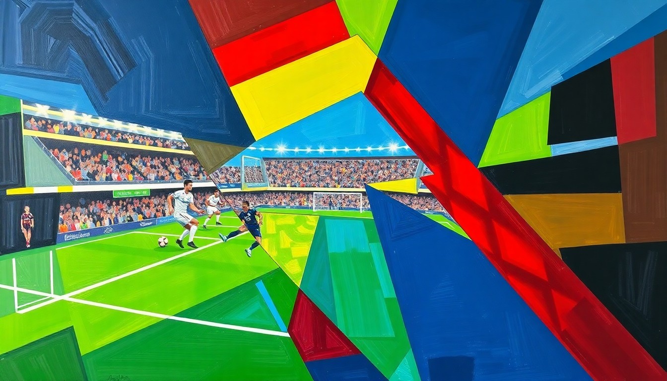 A fragmented, geometric painting in vibrant colors depicting the action and movement of a football game, with sharp, overlapping planes representing the different perspectives and elements of the sport.