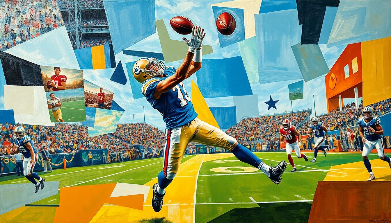 A fragmented, geometric painting depicting a tight end in motion, the player's form broken down into sharp, overlapping planes of color and shape.