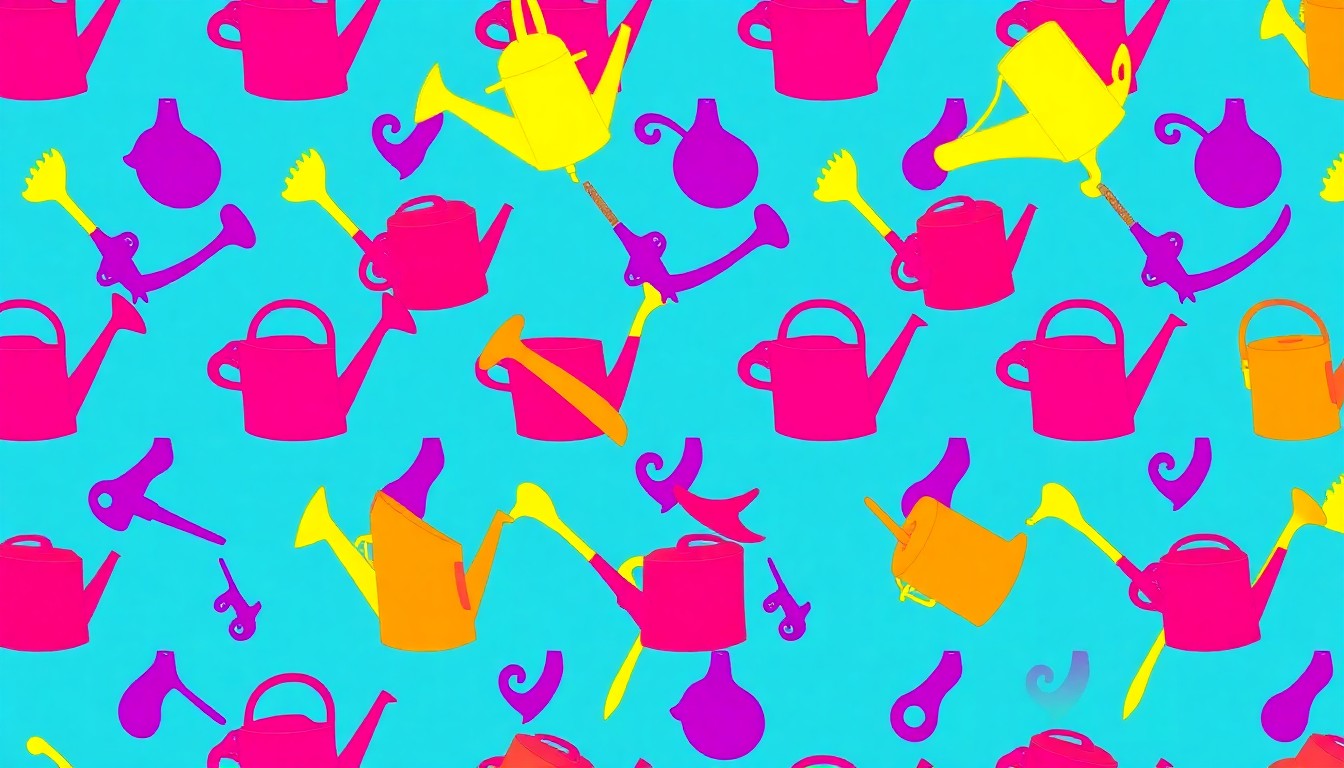 A high-contrast silkscreen print of a gardening trowel repeated in a grid pattern, rendered in bright neon colors without any text or labels.