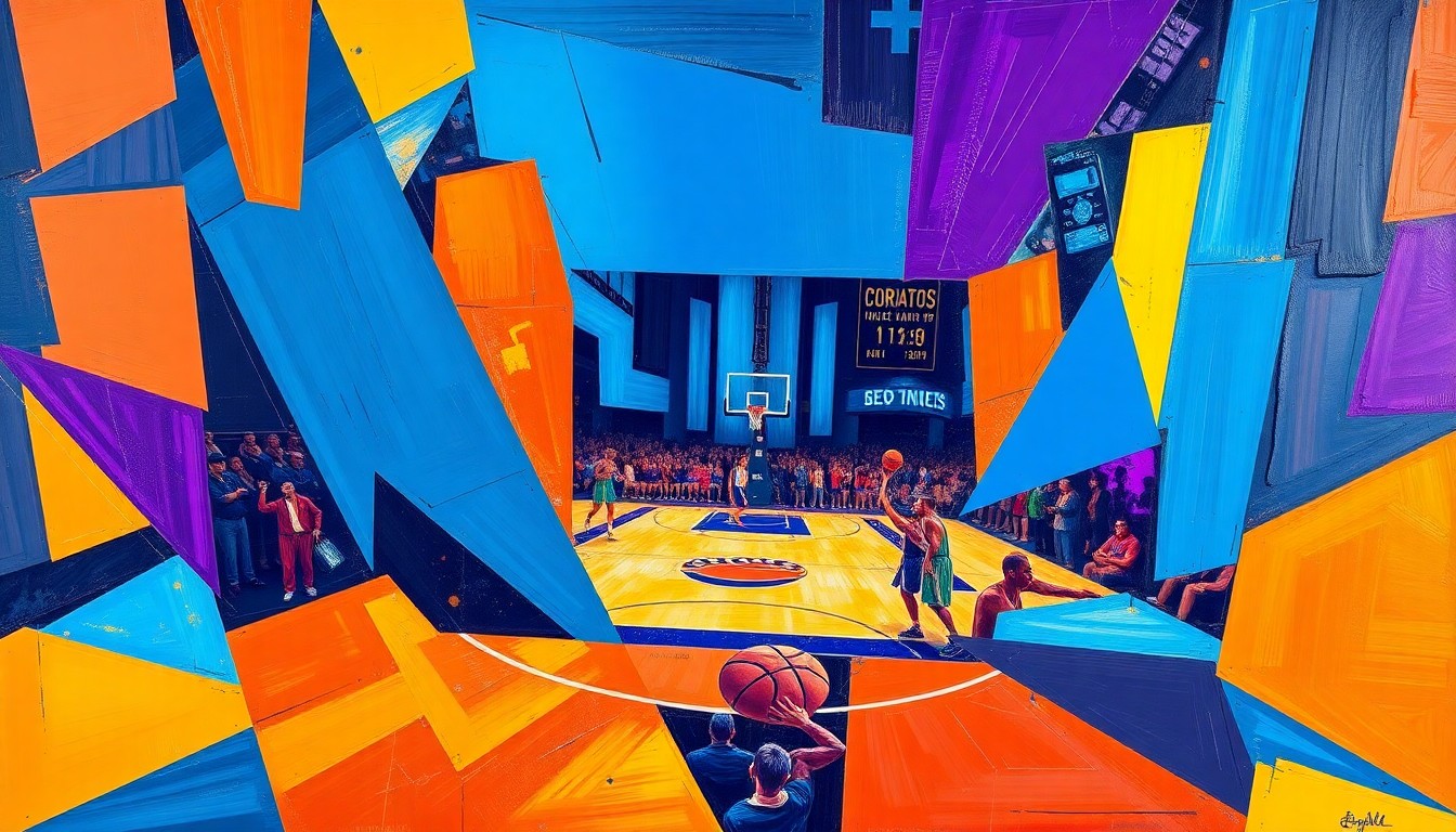 A fragmented, cubist-style painting depicting the dynamic motion and energy of a basketball game, with sharp geometric shapes and planes in vibrant colors like blue, orange, and purple.