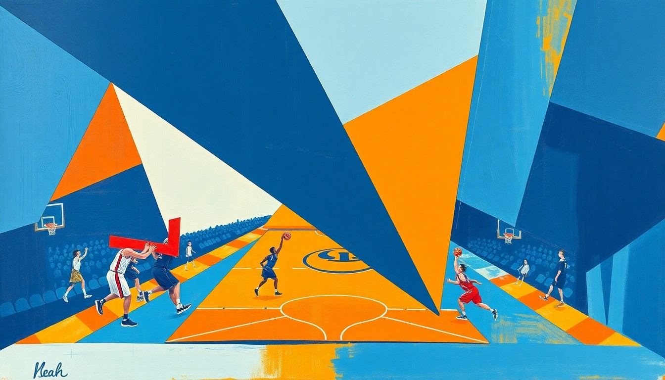 A cubist, geometric painting depicting a fragmented WNBA basketball game, with sharp planes of navy, sky blue, and bright orange representing the dynamic action on the court.