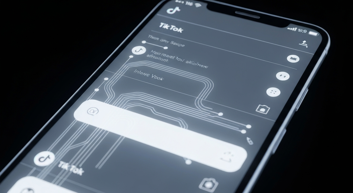 A translucent, ghostly X-ray image revealing the inner workings of a smartphone displaying the TikTok app interface, with glowing lines representing the algorithm's data flows and recommendation system.