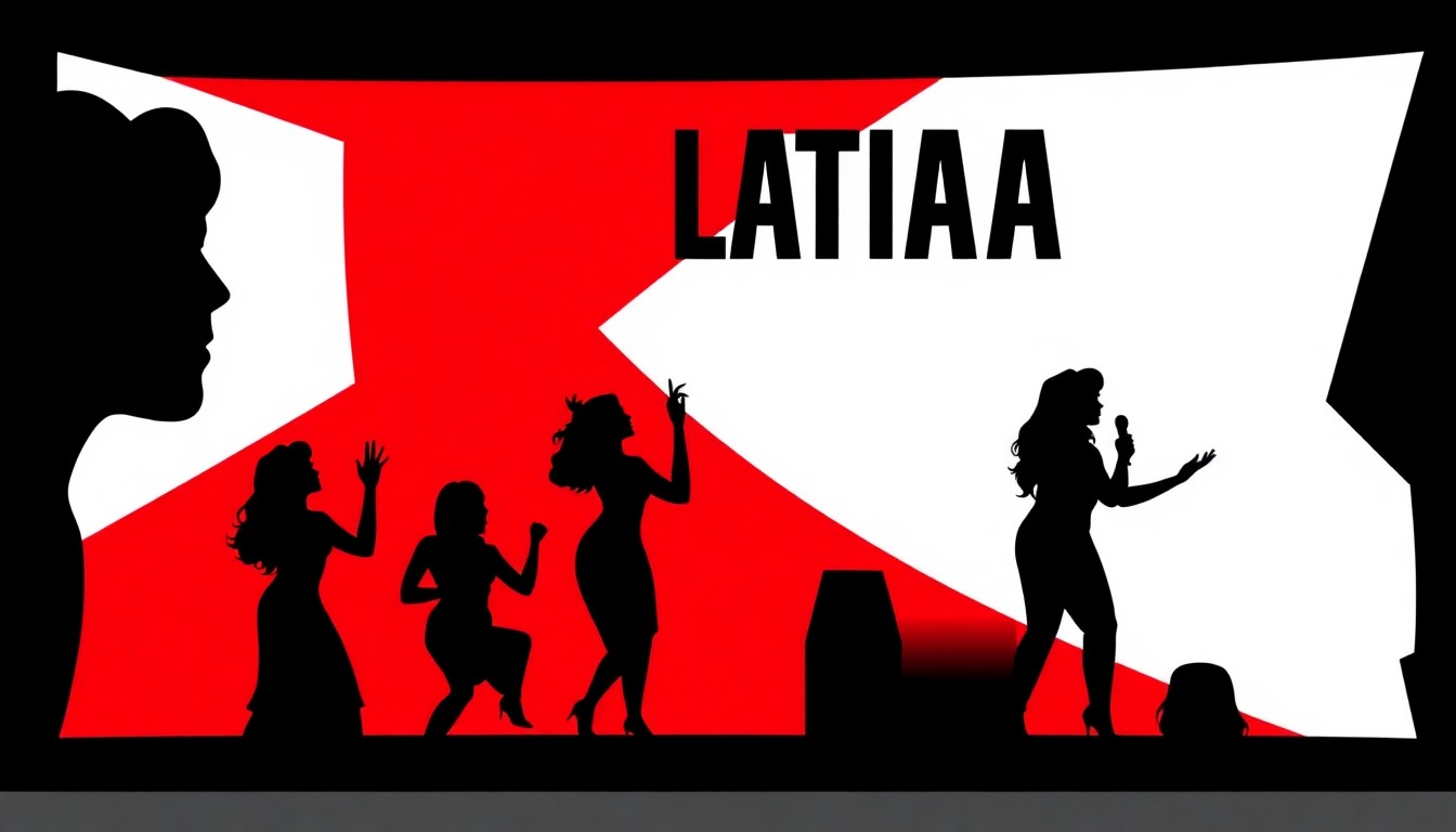 A striking abstract composition of bold, jagged black silhouettes and high-contrast solid colors like red and white, conceptually representing the energy and celebration of a Latina-focused comedy showcase.