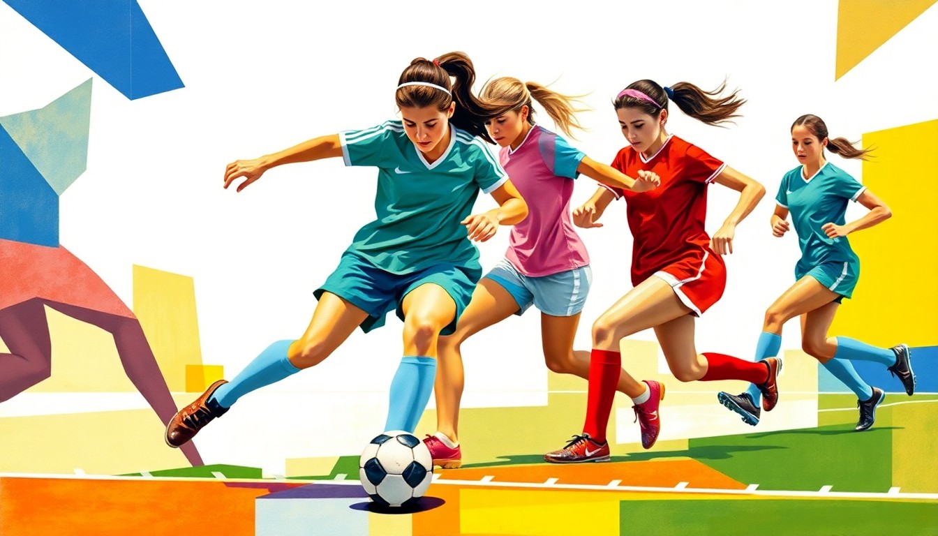A fractured, cubist-style painting depicting the dynamic action of a girls soccer match, with the players' forms abstracted into colorful, overlapping geometric shapes and the ball and field lines creating a sense of movement and energy across the composition.