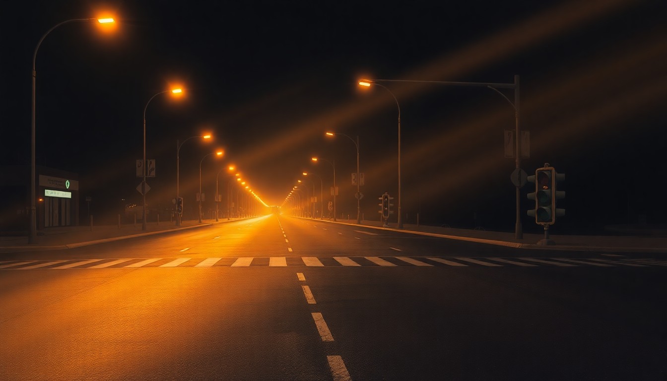 A dimly lit, cinematic street scene with a broken traffic light as the central focus, conveying a sense of isolation and unease in the aftermath of controversial political rhetoric.