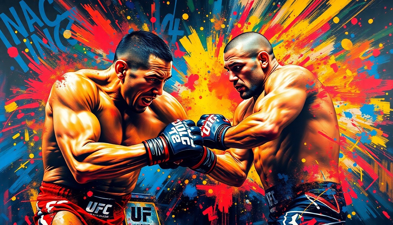 An abstract, expressionist painting in neon colors depicting the intense, chaotic movements and energy of a UFC light heavyweight title fight, with the fighters' forms dissolving into vibrant brushstrokes and splatters of paint.