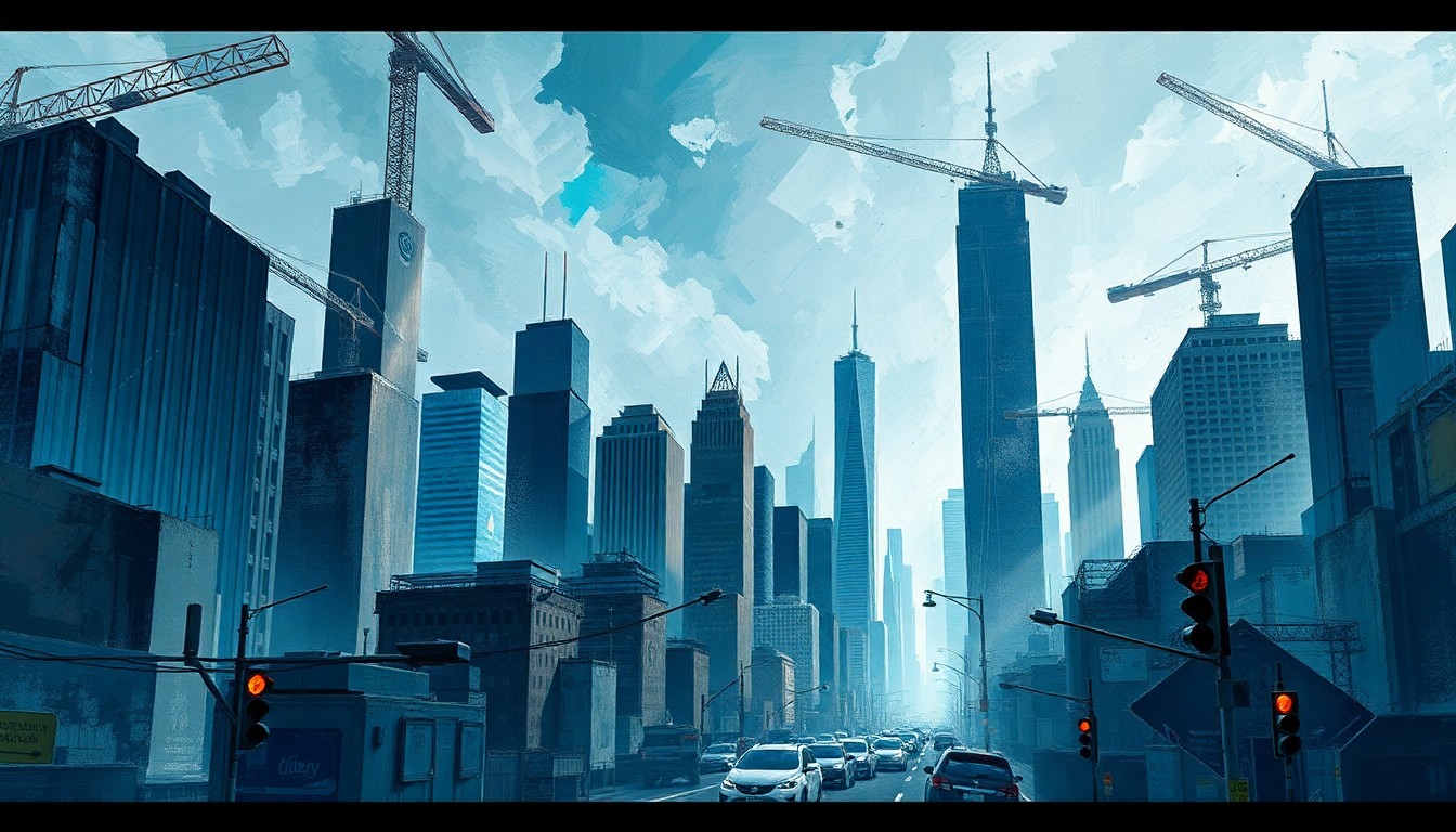 A dynamic, abstract painting of a city skyline with overlapping, fractured geometric shapes in shades of blue, gray, and metallic, conveying the fast-paced energy of urban development.