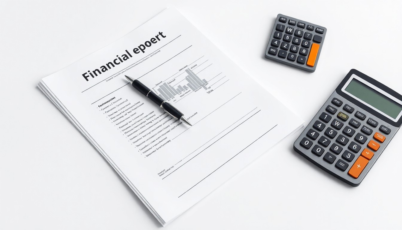 A photorealistic studio image featuring a stack of financial documents, a pen, and a calculator arranged on a clean white background, symbolizing the business of healthcare real estate investment.