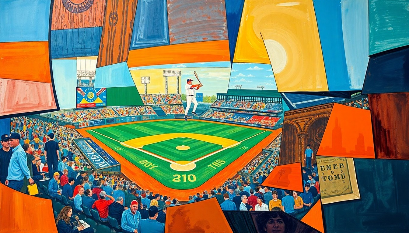 A fractured, geometric painting depicting a baseball game scene broken down into sharp, overlapping planes of vibrant orange, blue, and green, conceptually representing the dangers coaches face from foul balls in the dugout.