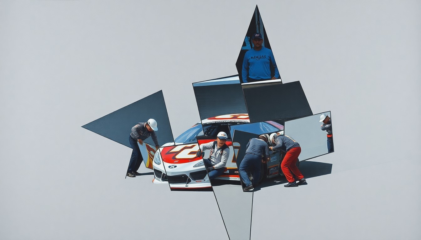A fragmented, geometric painting depicting a NASCAR pit crew working on a race car, the figures and car broken down into sharp, overlapping planes of color, conveying a sense of tension and competition.