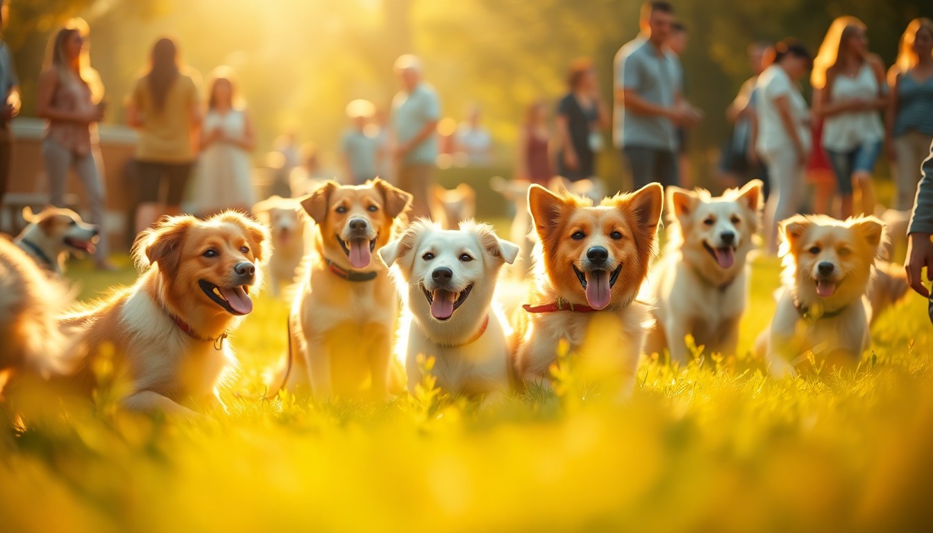 An abstract, impressionistic scene of soft, blurred shapes and pools of warm, golden light, conceptually representing a casual, social gathering of dog owners and their pets.