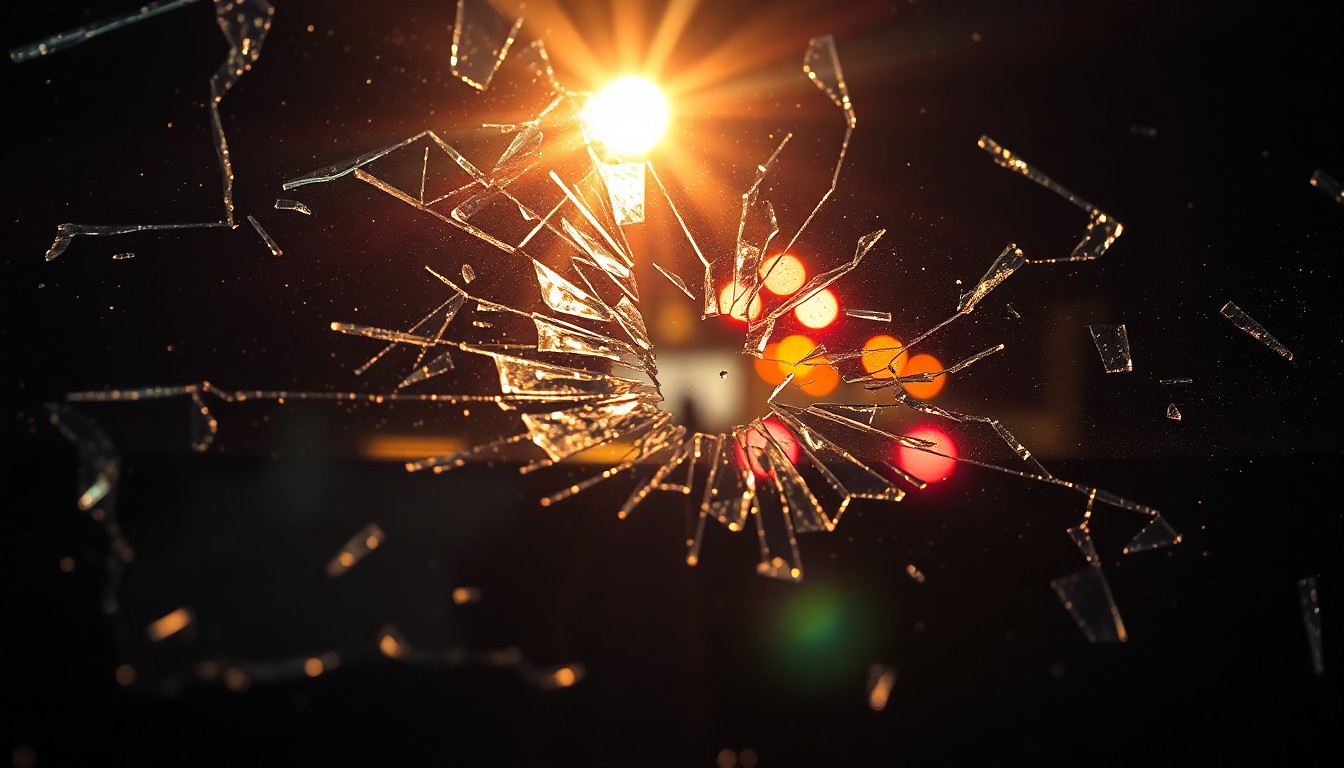 An extreme close-up of a shattered car windshield reflecting a harsh camera flash, conceptually representing the aftermath of a tragic traffic collision.