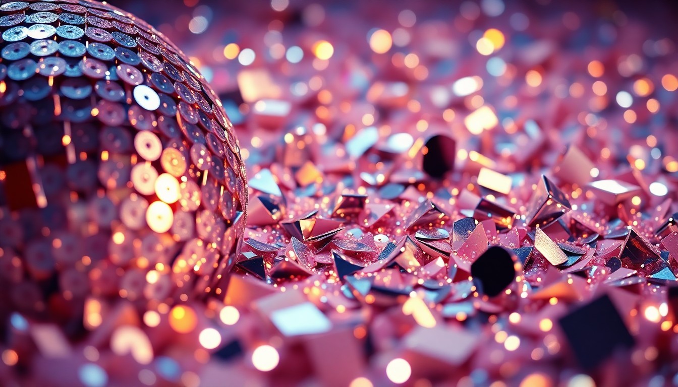 An abstract close-up image of sparkling sequins and shattered disco ball fragments, conveying the glitz and glamour of Bruno Mars' Las Vegas shows.