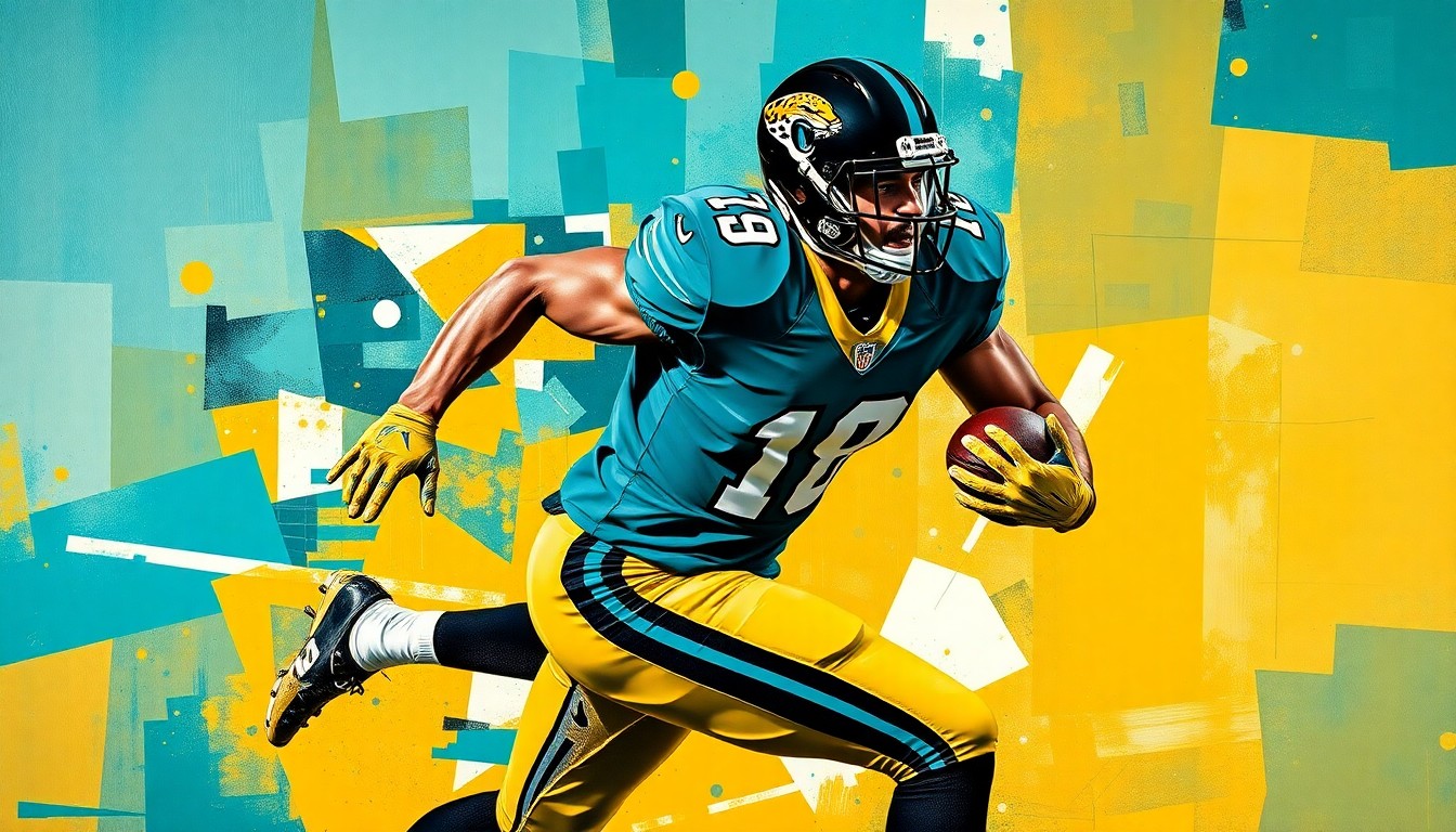 A fractured, cubist-style painting depicting a football player in mid-motion, with sharp geometric planes in teal, gold, and black colors representing the Jacksonville Jaguars' innovative use of a versatile young player.