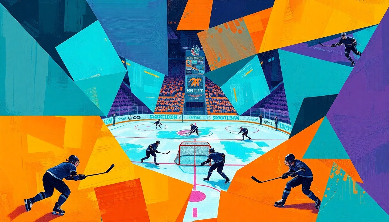 A cubist, geometric painting depicting the action of a girls' hockey game, with the players and the rink broken down into sharp, overlapping planes of vibrant colors.