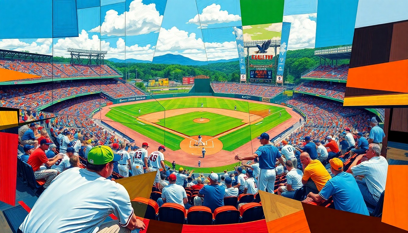 A fractured, cubist-style painting depicting the high school baseball game between Eagleton and Pigeon Forge, with sharp geometric shapes and planes of color representing the players, field, and stadium environment.