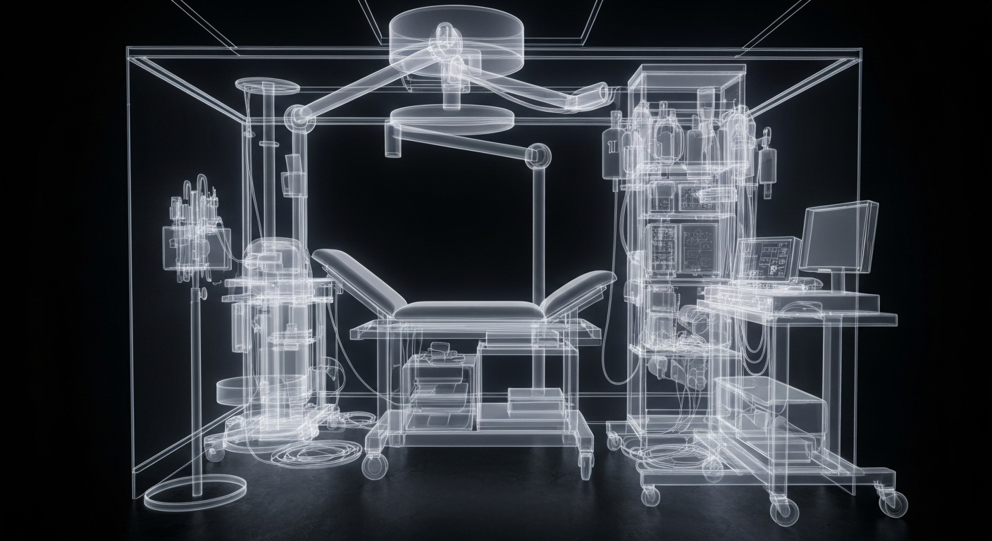 An abstract, ghostly X-ray photograph revealing the internal structures and equipment of a medical examination room, conceptually representing the expanded healthcare services coming to South Haven.
