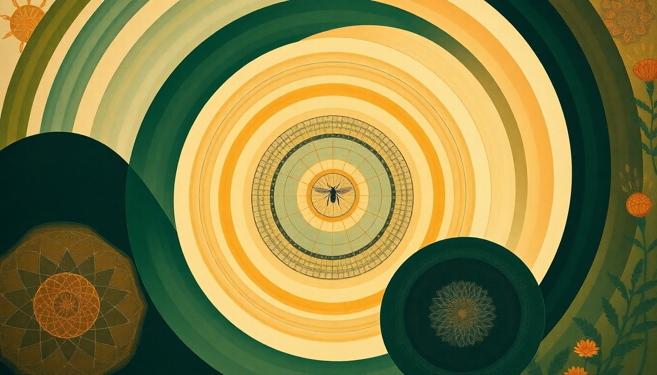 A bold, abstract painting in earthy tones featuring sweeping geometric shapes, concentric circles, and precise botanical spirals, visualizing the complex interdependence between pollinators and plant communities.