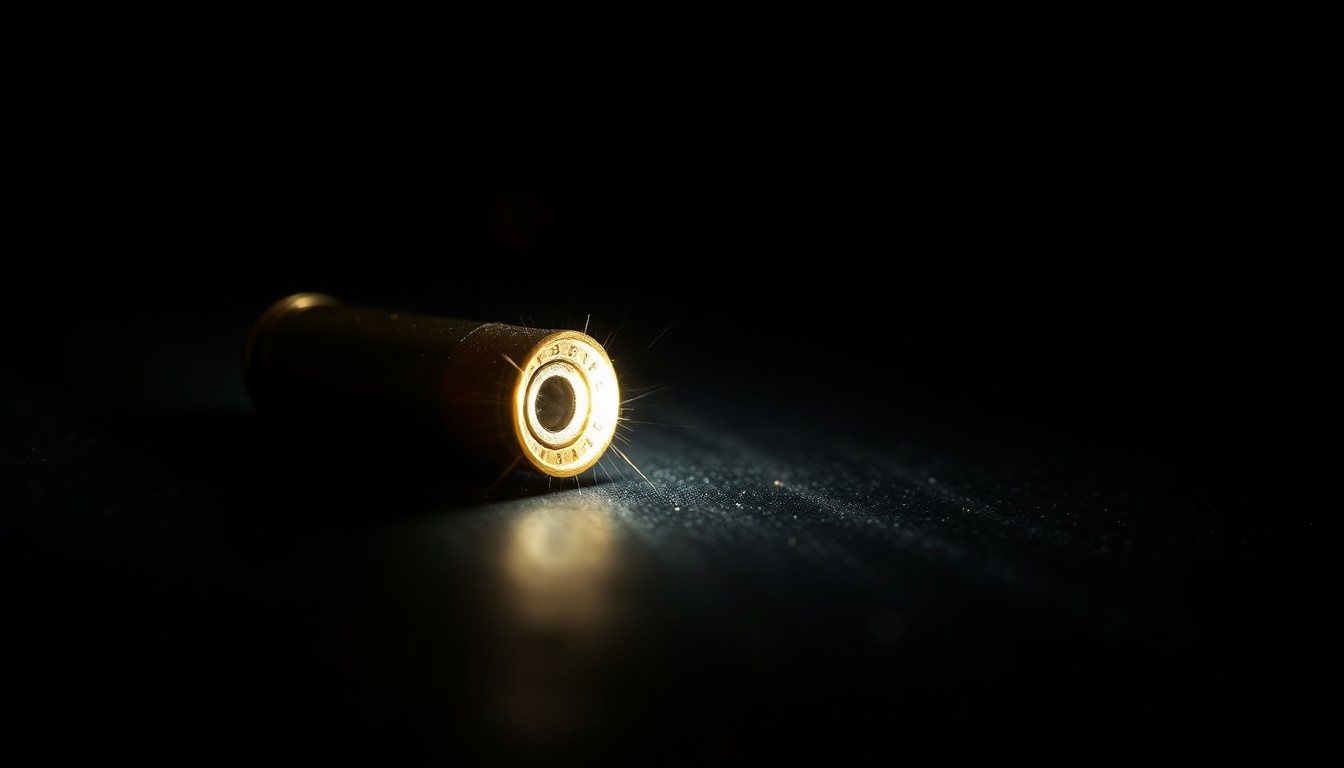 An extreme close-up of a single spent bullet casing on a dark surface, lit by a harsh, direct camera flash, conceptually representing the aftermath of a fatal shooting incident.