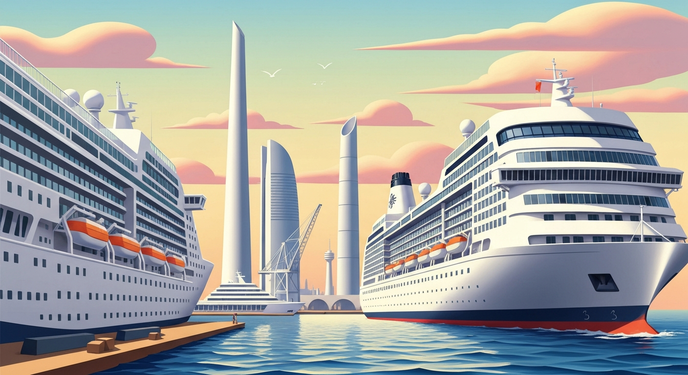A conceptual illustration in the Art Deco style, featuring towering, geometric cruise ships and port buildings in a sweeping, airbrushed composition, capturing the grand scale and romance of international cruise travel.