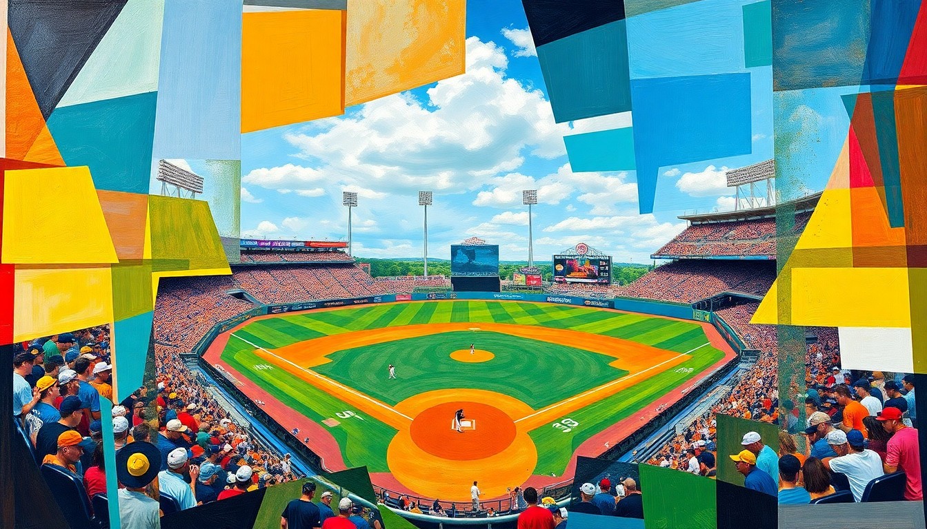 A fractured, multi-perspective painting breaking down a baseball game into sharp, overlapping geometric planes of vibrant colors representing the teams' uniforms and the baseball diamond.