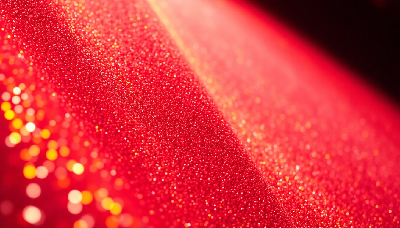 An abstract close-up photograph of a shimmering, glittery fabric texture in warm, vibrant colors, conceptually representing the excitement and glamour of a rock concert performance.