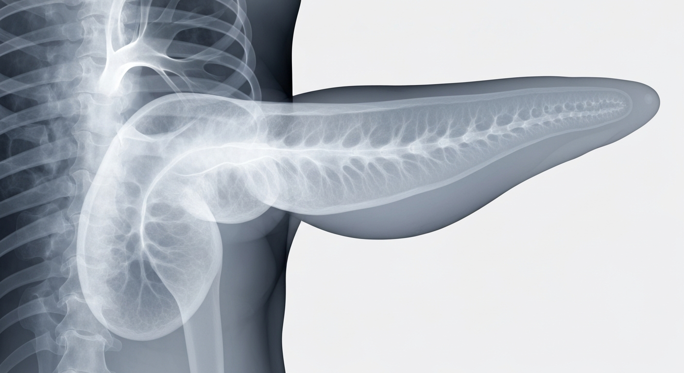 A ghostly, translucent X-ray photograph revealing the internal structures of a human pancreas, conceptually representing the medical research on predicting diabetes risk.