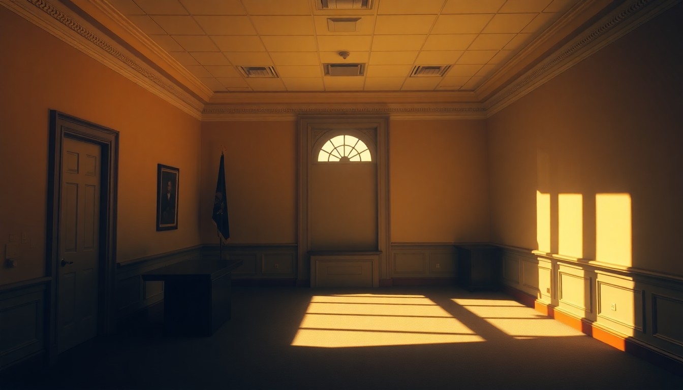 A dimly lit, cinematic government office space with a lone chair and desk, the warm sunlight casting long shadows across the floor, evoking a sense of political transition and personal reflection.