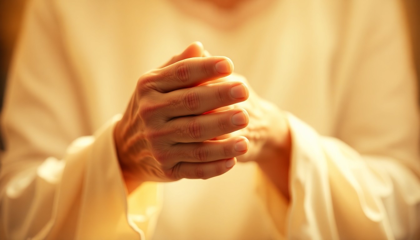 An abstract, out-of-focus photograph of an elderly woman's hands clasped in prayer, with soft, warm light enveloping the scene, conveying a sense of quiet spirituality and devotion.