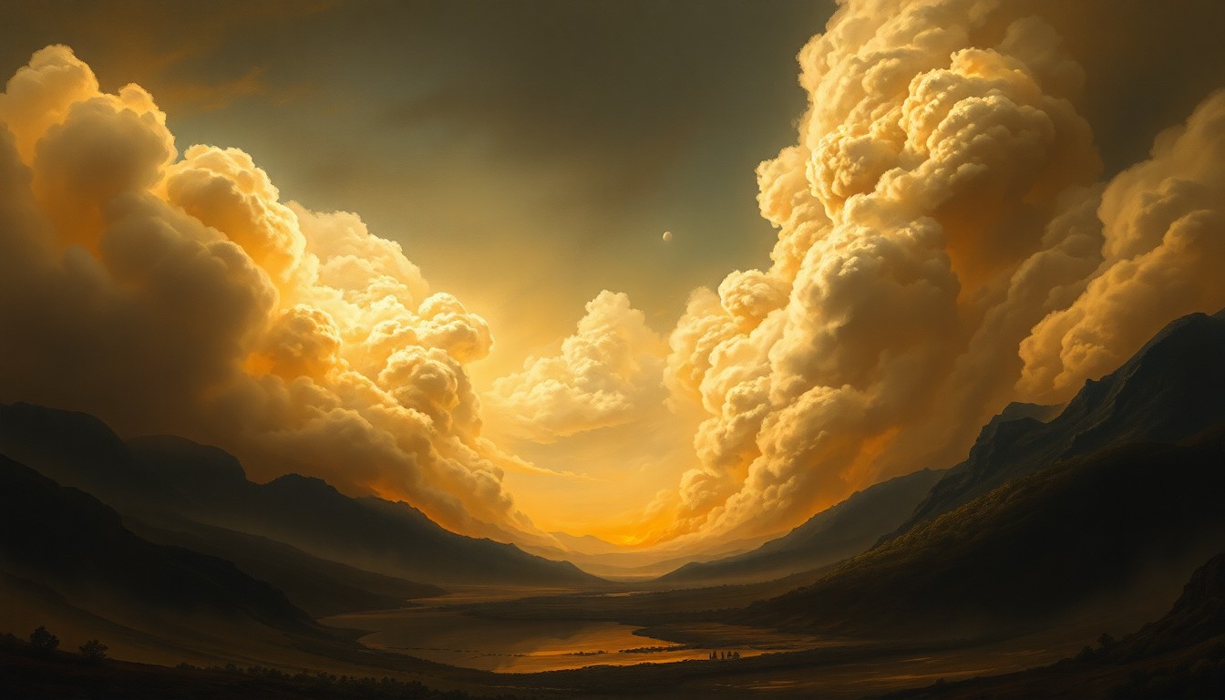 A sweeping, atmospheric landscape painting in muted tones, with a distant wildfire burning on the horizon, its smoke and flames dwarfed by the vast, sublime scale of the natural setting.