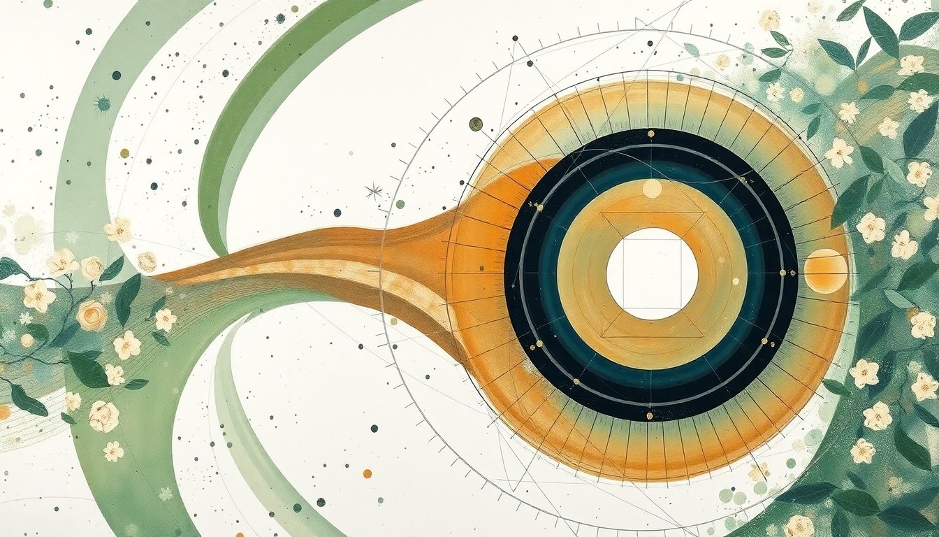 A highly structured abstract painting in soft, earthy tones of green, brown, and blue, featuring sweeping geometric arcs, concentric planetary circles, and precise botanical spirals, conceptually representing the complex scientific forces behind a new solar cell technology that boosts energy conversion efficiency.