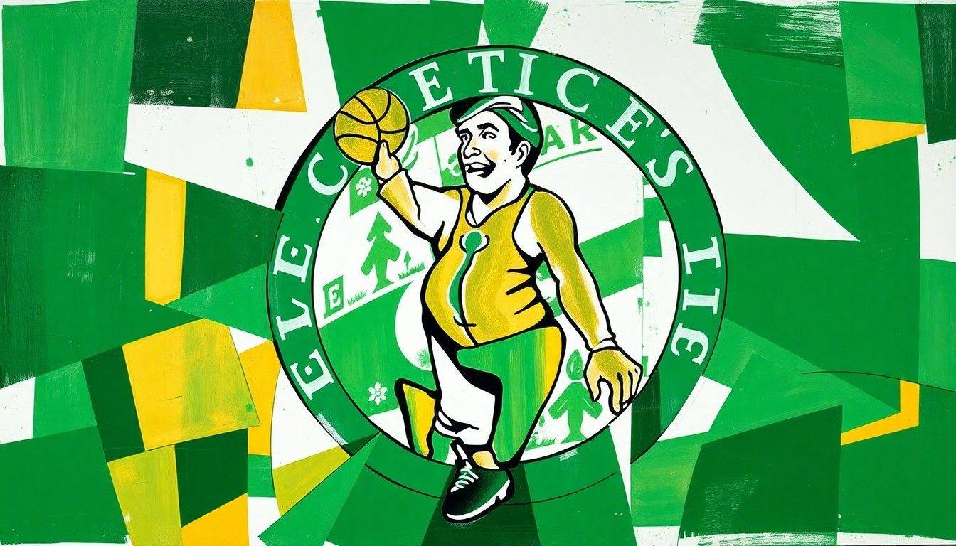 A cubist, geometric painting depicting fragmented and overlapping basketball players and court elements in the Celtics' team colors of green, white, and gold, capturing the team's multifaceted success this season.