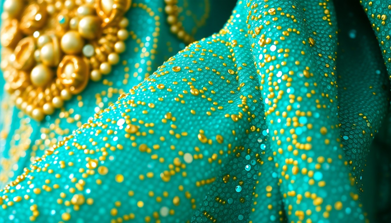 An abstract close-up photograph of shimmering, beaded fabric in vibrant turquoise and gold hues, capturing the luxurious, high-fashion aesthetic of BINI's Coachella performance costumes.