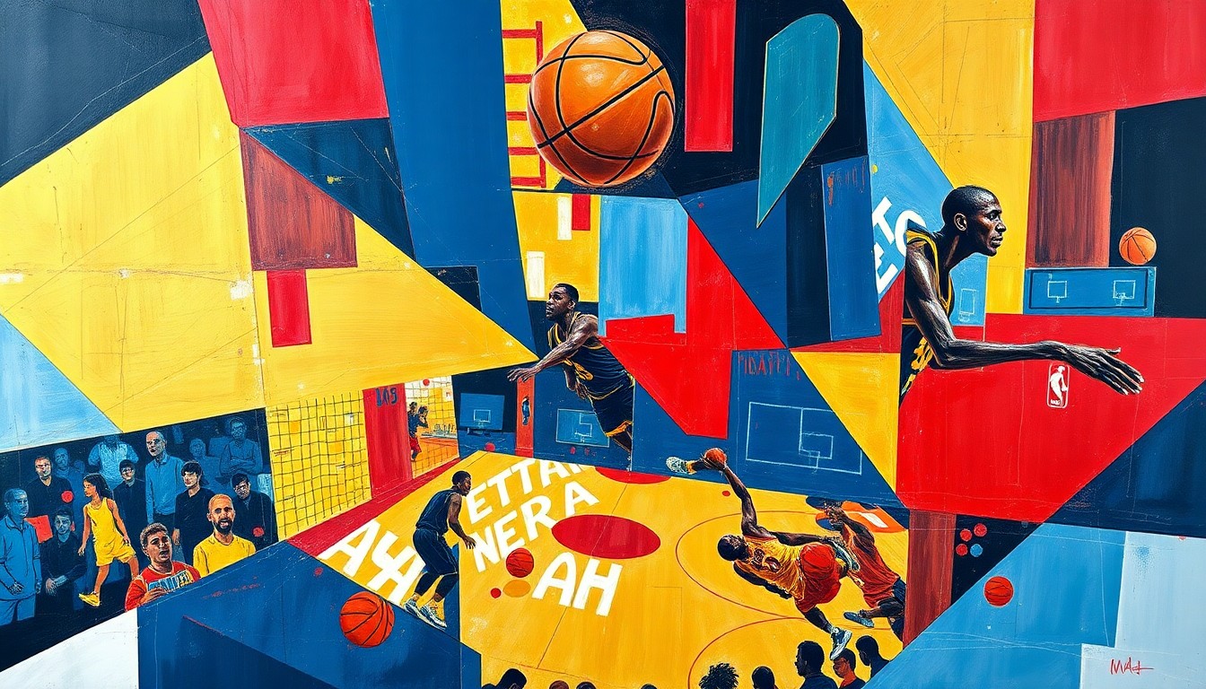 A cubist-style painting depicting a basketball game broken down into overlapping geometric shapes and planes in navy, red, and gold, conveying the dynamic energy and strategic complexity of the sport.