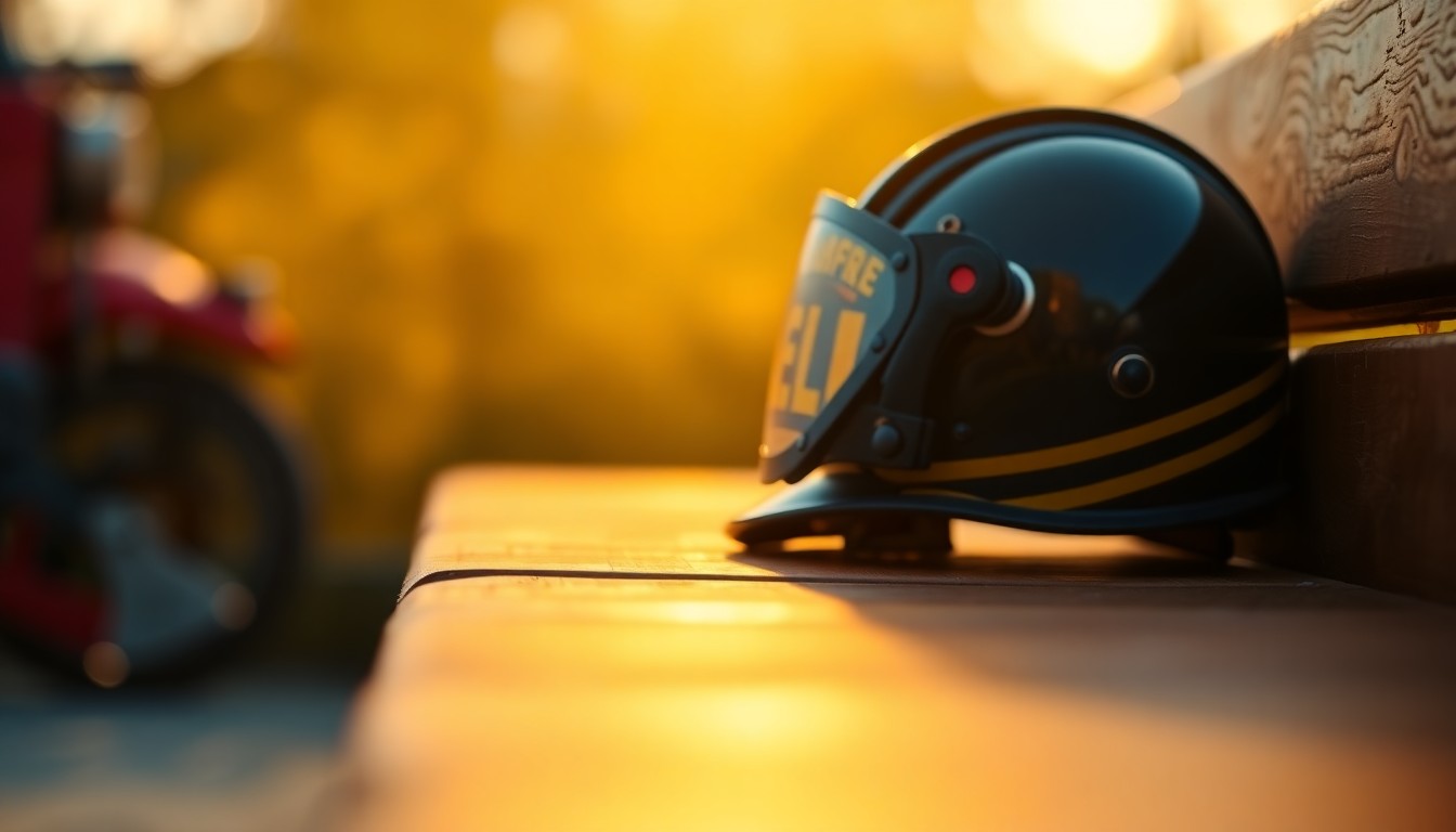 An extremely abstracted, out-of-focus photograph of a firefighter's helmet and equipment resting on a wooden bench, with soft pools of warm yellow and orange light washing over the image, conceptually representing the fire department's effort to gather public feedback.