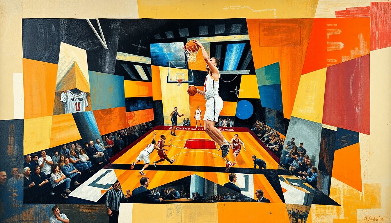 A cubist, geometric painting depicting a fragmented basketball game, with sharp, overlapping shapes and planes representing the complex dynamics of Latson's transfer and draft slide.