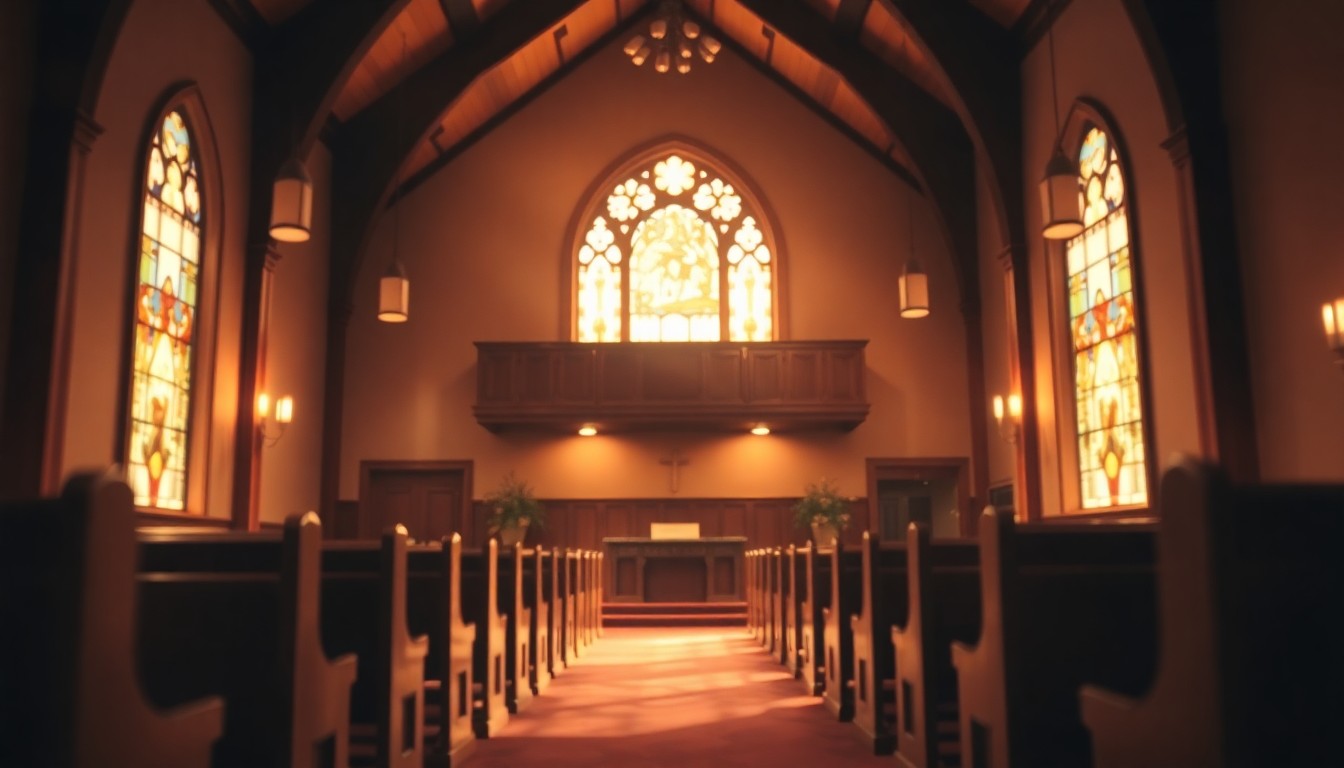 A blurred, impressionistic photograph of a church interior with pews, stained glass windows, and a choir loft, conveying the warm, spiritual atmosphere that was central to Linda Kay Carlton's life.