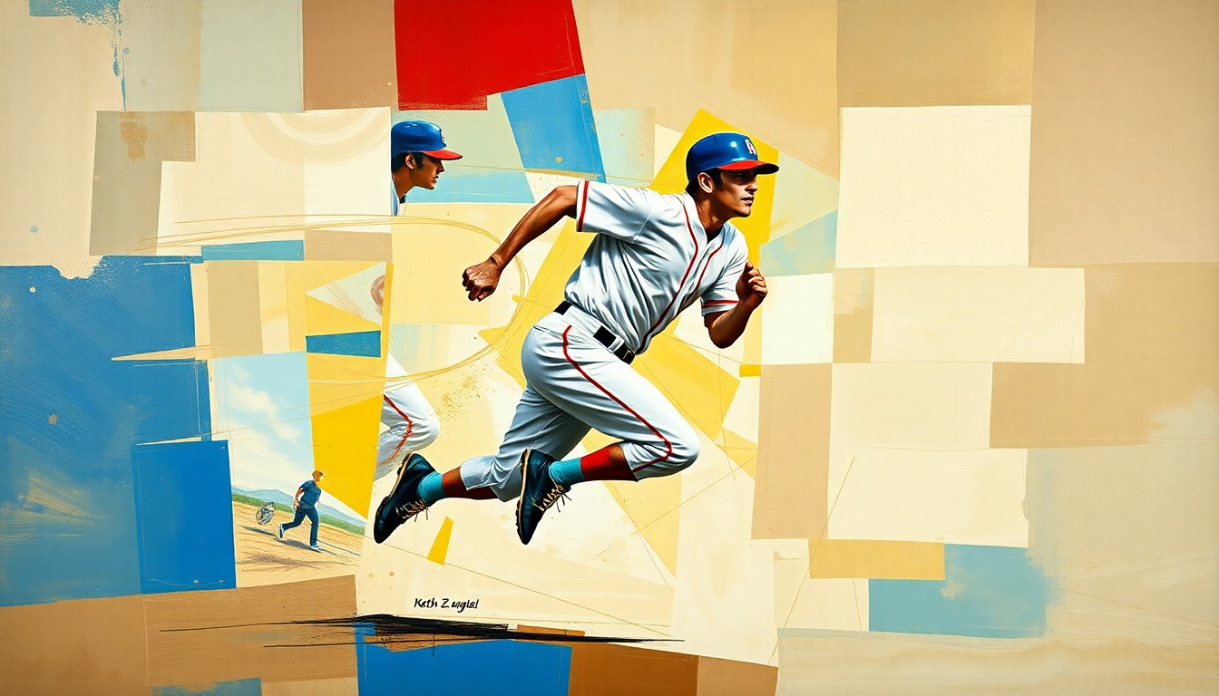 A fragmented, geometric painting depicting a baseball player in motion, with sharp, overlapping planes of color and form representing the dynamism of the sport.