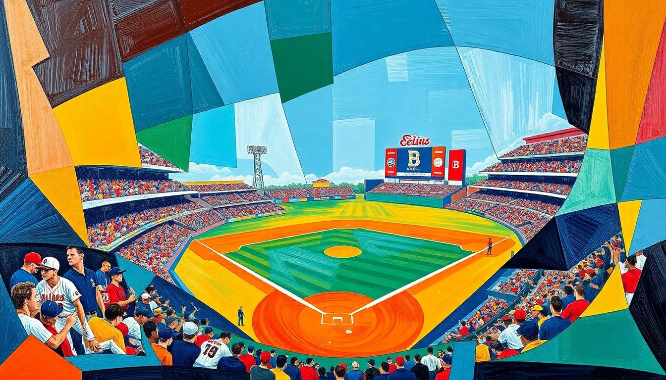 A fragmented, geometric painting depicting the action of a college baseball game, with the sharp planes and overlapping shapes representing the competitive intensity of the contest.