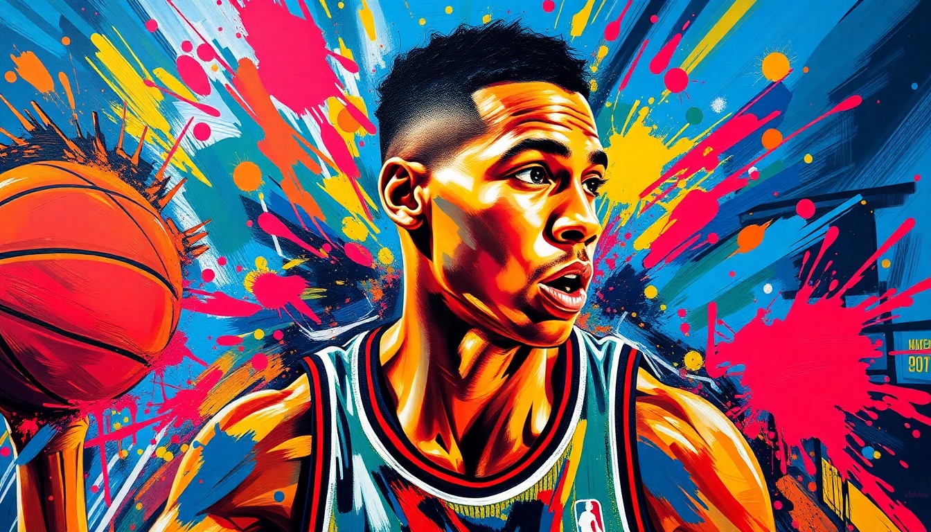 An abstract, expressionist painting featuring vibrant neon brushstrokes and splatters of color, capturing the raw athletic energy and movement of a basketball player in an unrecognizable, yet dynamic composition.