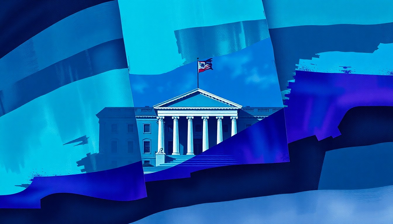 A fractured, abstract painting in shades of blue and violet depicting a government building or public safety symbol, conveying a sense of instability and motion through the overlapping geometric shapes.