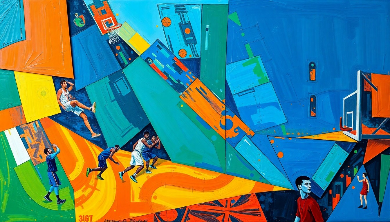 A cubist-style painting depicting a basketball game or playoff action, with the players and court broken down into sharp, overlapping geometric shapes in vibrant colors like deep blue, fiery orange, and electric green, creating a sense of energy and movement.