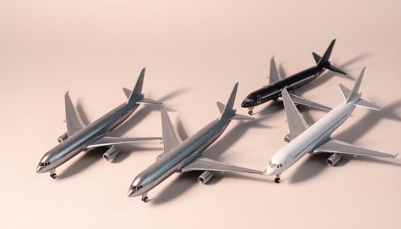 A high-end, photorealistic studio still-life photograph featuring a set of premium metal airplane models in various shades of silver, grey, and black, arranged elegantly on a clean, monochromatic seamless background. The models are lit dramatically with sharp, studio lighting and deep shadows, conceptually representing the abstract concepts of corporate strategy, finance, and market consolidation in the airline industry.