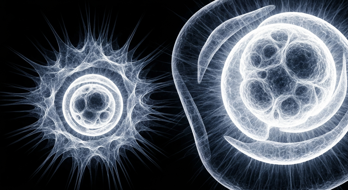 A highly detailed, translucent X-ray-style image showing the internal structure of a cancer cell, with glowing, ghostly lines and shapes representing the complex biological processes involved in cancer treatment.