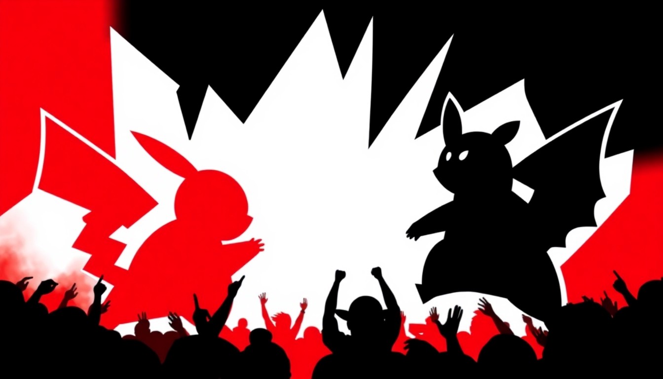 An abstract, minimalist illustration featuring bold, jagged shapes in red, white, and black, conceptually representing the iconic Pokémon characters and the high-energy atmosphere of an EDM concert.