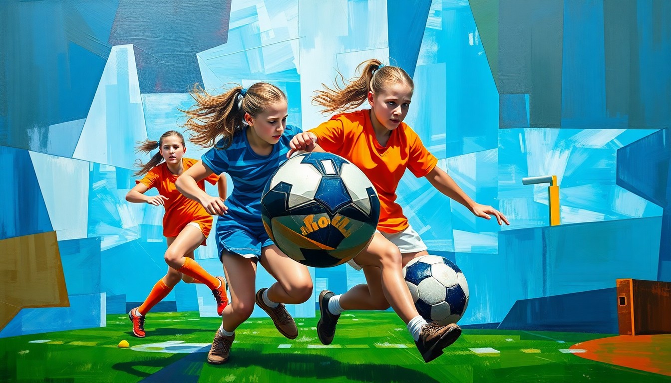 A fractured, cubist-style painting depicting the dynamic movements and action of a girls' flag football game, with the players and ball broken down into sharp, overlapping geometric shapes and planes of vibrant colors.