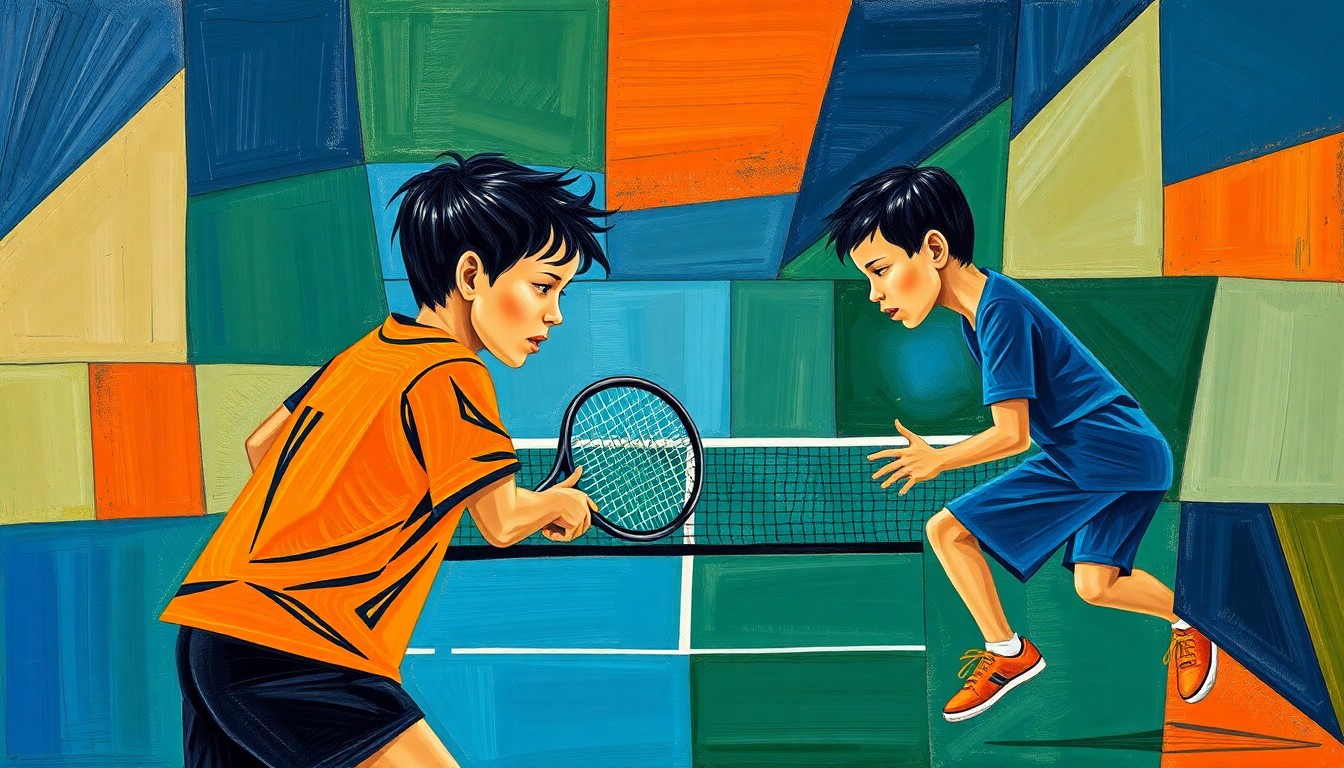 A fragmented, geometric painting depicting a boys tennis match from multiple angles, with sharp planes of navy, green, and orange creating a dynamic, abstract composition.